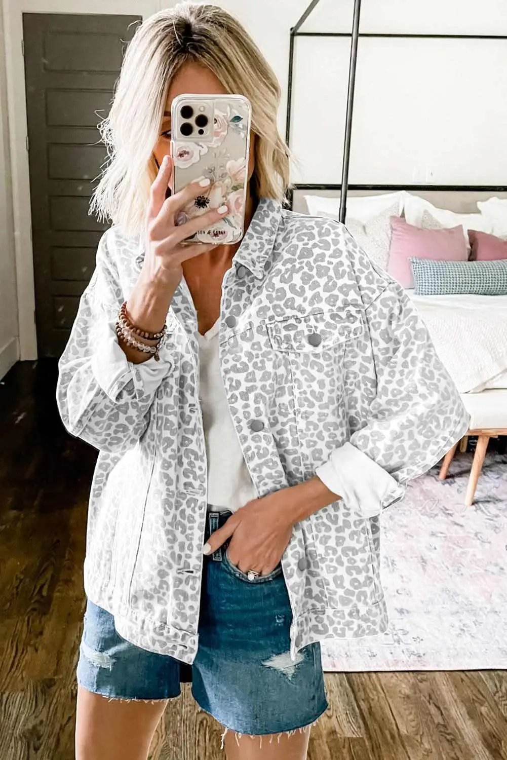 White Leopard Printed Flap Pocket Denim Jacket - Love Salve
